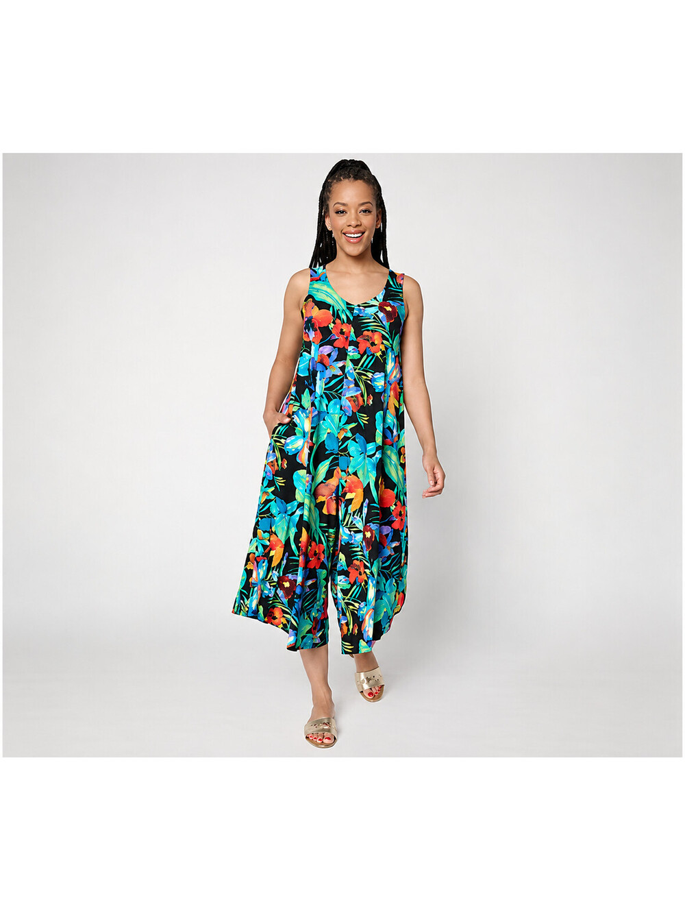 Attitudes by Renee V-Neck Handkerchief Jumpsuit Black Tropical, Petite X-Small